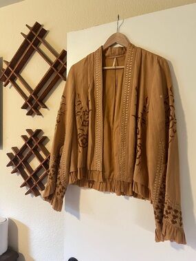 Free People Women's Embroidered Open-Front Fringe Boho Jacket - Camel Brown
